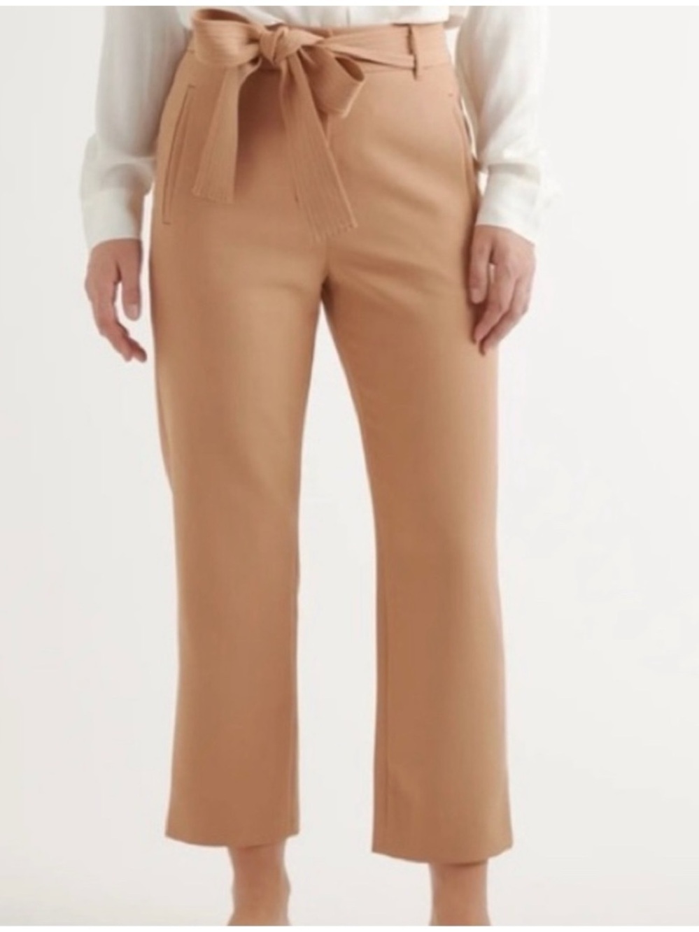 Quince Stretch Crepe Paperbag Ankle Length Tan Tie Front Pants Size XS